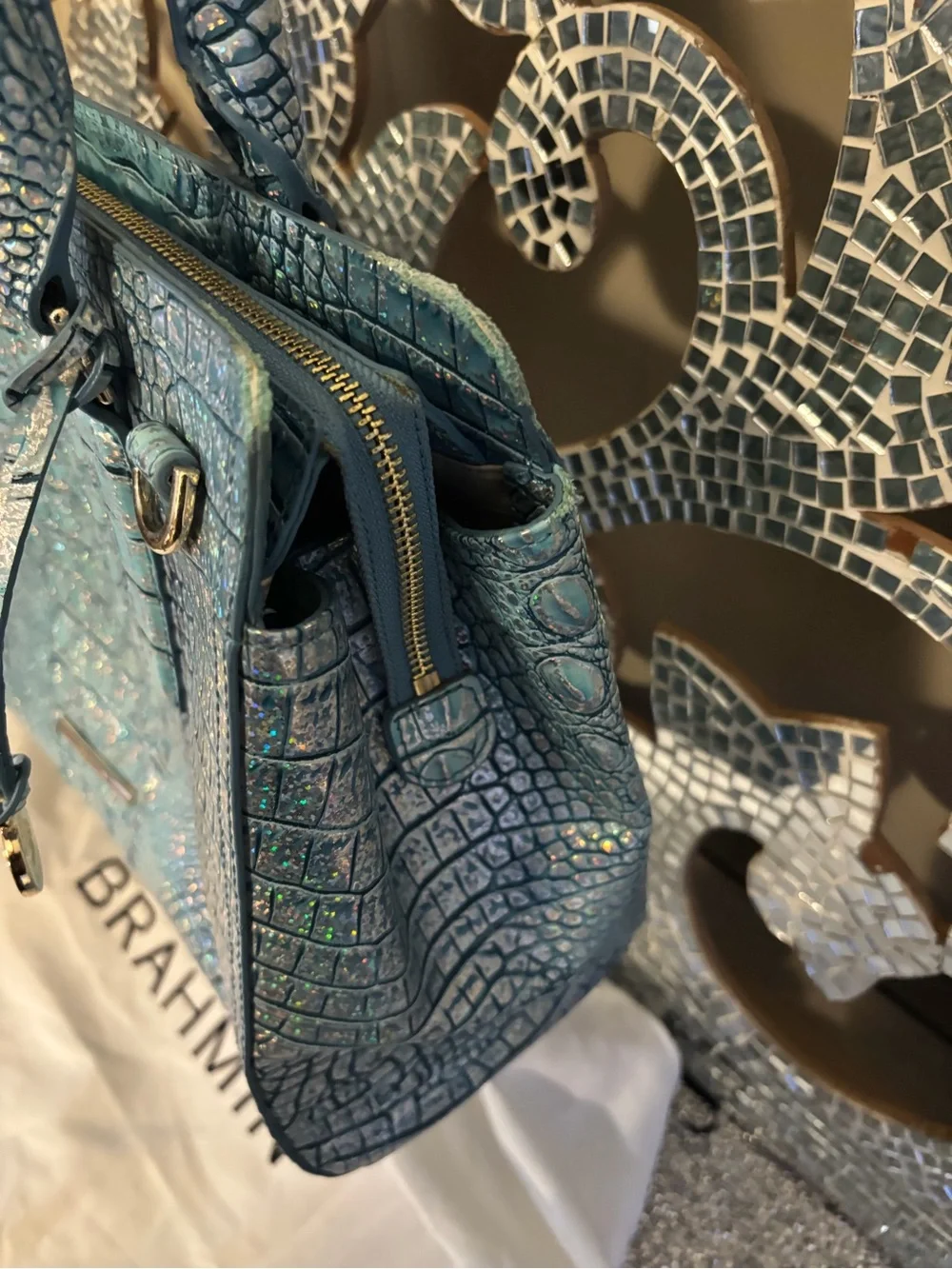 🌟Brahmin Teal Croc-Embossed Leather Satchel